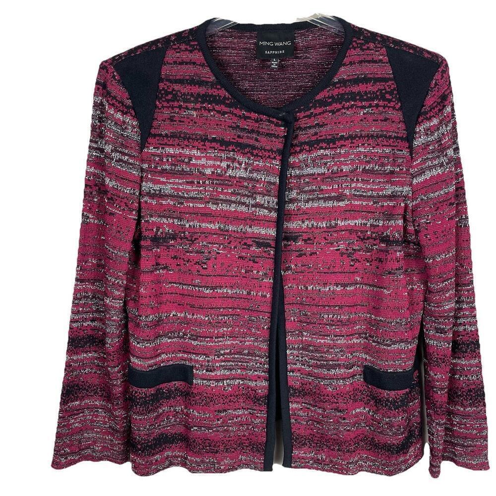Ming Wang Jacket Cardigan Blazer Size L Burgundy Sparkle Open Front Career Party